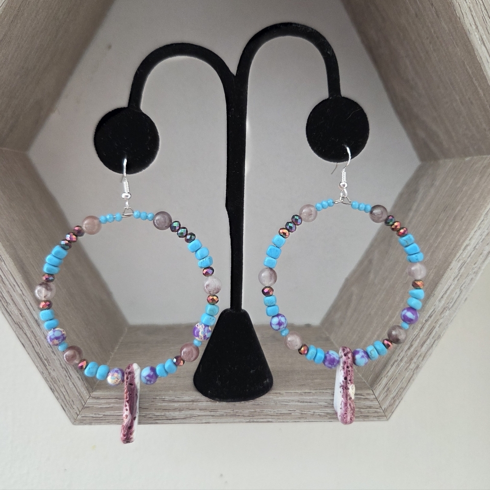 Turquoise Spiny Oyster Mixed Hoop Earrings Western Festival Whimsical Bohemian